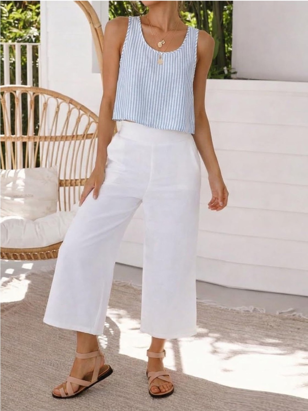 Striped Blue Scoop Neck Cropped Tank Top